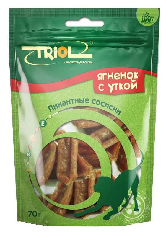 фото Лакомство для собак triol, пикантные сосиски из ягненка с уткой, 70г