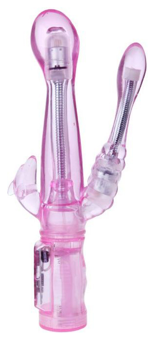 Розовый вибратор с анальным и клиторальным стимуляторами 22 см