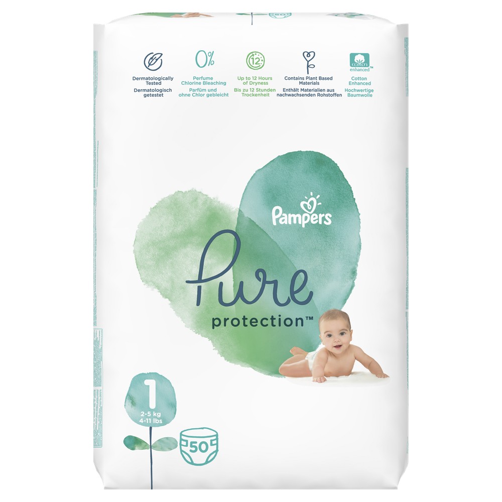 фото Подгузники для новорожденных pampers pure protection 2-5 кг, размер 1, 50 шт.