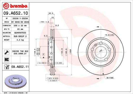 

Тормозной диск brembo 09.A652.11