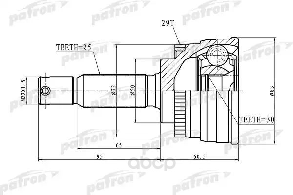 фото Шрус наружный patron с кольцом abs 25x50x30 abs29t для hyundai coupe aq 96- pcv1721