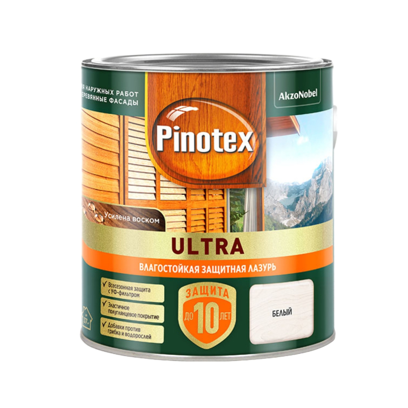 Лазурь для дерева Pinotex Ultra влагостойкая, белая, 2,5 л