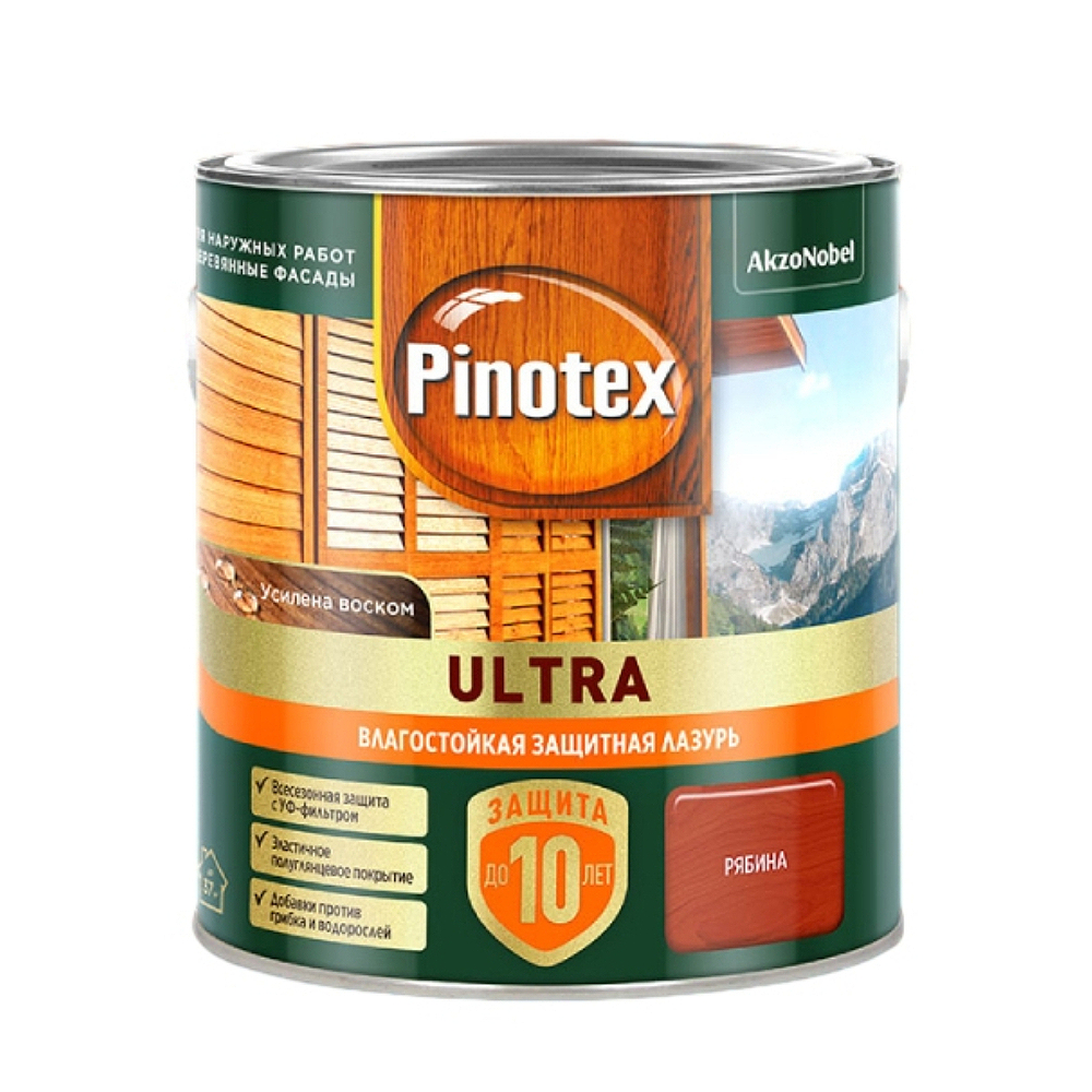 пропитка pinotex ultra для древесины влагостойкая защитная лазурь орех 0 9 л Лазурь для дерева Pinotex Ultra влагостойкая, рябина, 2,5 л