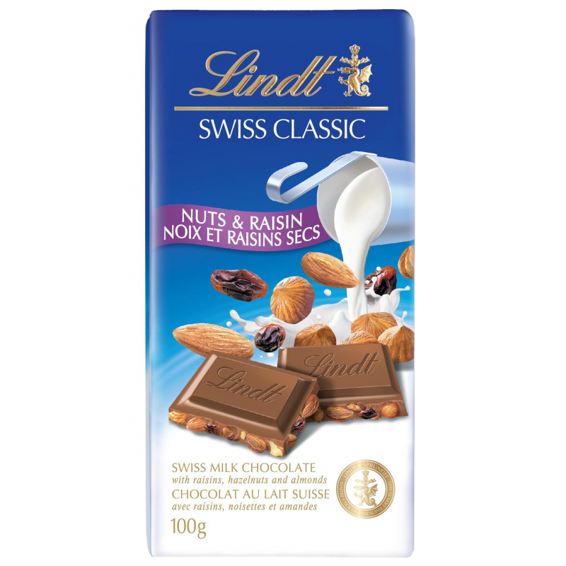 Шоколад молочный Lindt Swiss Classic с орехами и изюмом, 100г