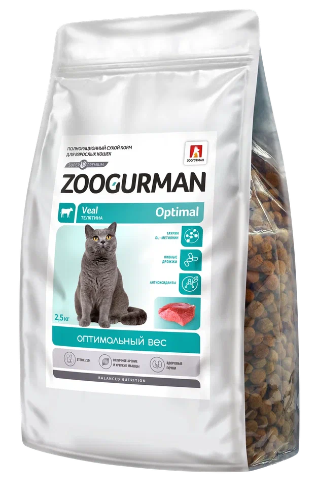 фото Сухой корм для кошек zoogurman optimal, полнорационный, телятина, 2,5 кг зоогурман