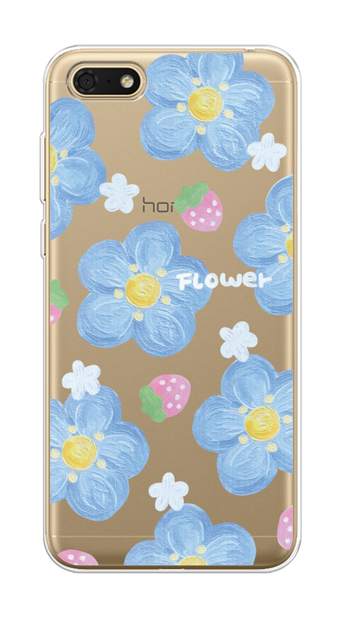 

Чехол на Honor 7A/7A Prime/Y5 Prime 2018/Y5 2018 "Цветы и клубники", Прозрачный;голубой;белый, 65950-1