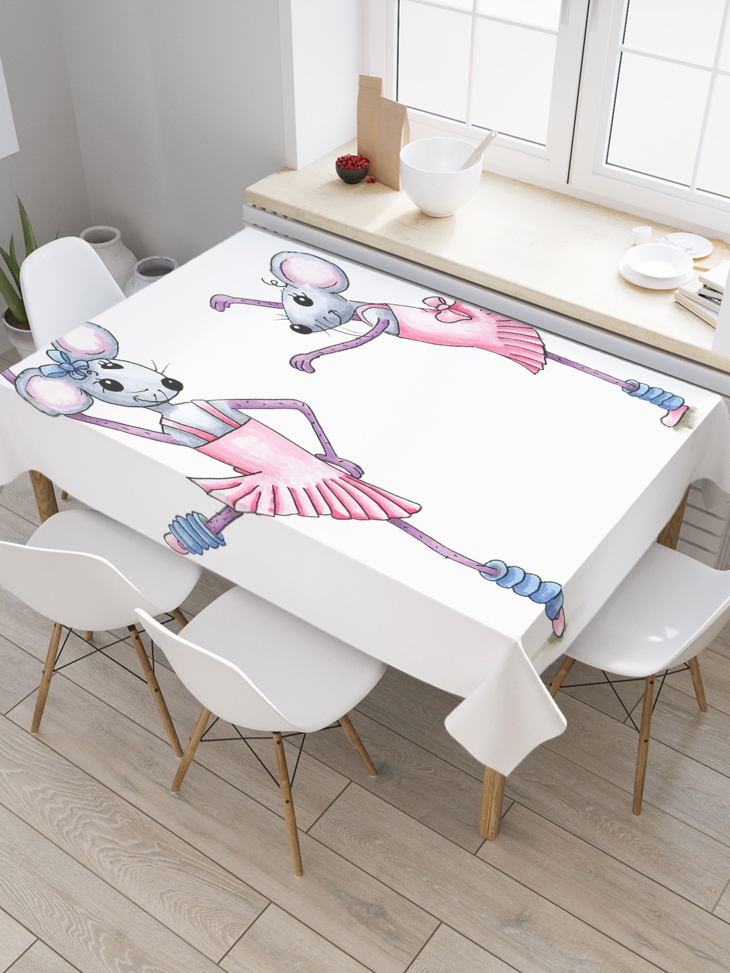 фото Скатерть прямоугольная joyarty на кухонный стол "аэробика у мышей" из оксфорда, 180x145 см
