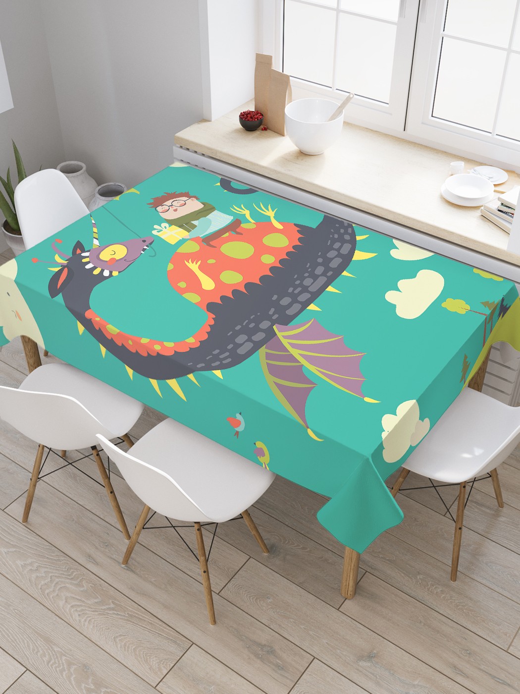 

Скатерть прямоугольная JoyArty "Прогулка на драконе" из оксфорда, 180x145 см, Зеленый, Прогулка на драконе