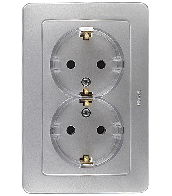 

Розетка с рамкой HEGEL Master РС16-381-06 двойная серебро с заземлением тонкая, Серебристый