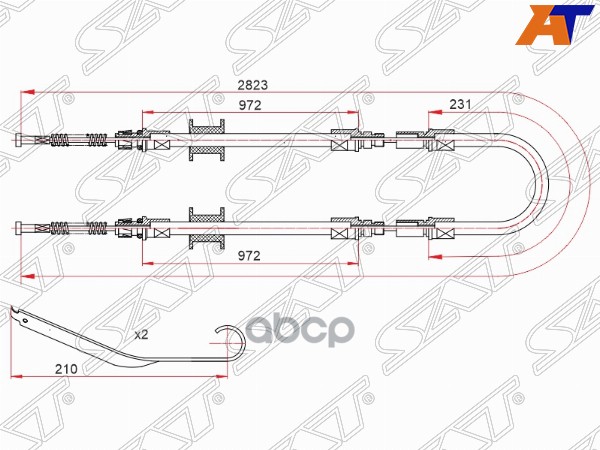 SAT ST-52-0046 Трос ручного тормоза FORD TRANSIT 2.0/2.5 RH/LH 94-00 одинарные колеса 1шт