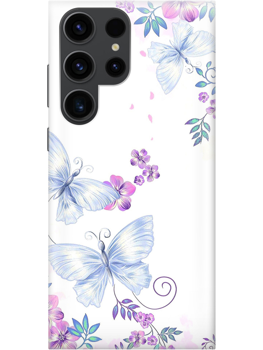 

Силиконовый чехол на Samsung Galaxy S23 Ultra с рисунком "Бабочки и фиалки" прозрачный, Белый;фиолетовый, 20000521