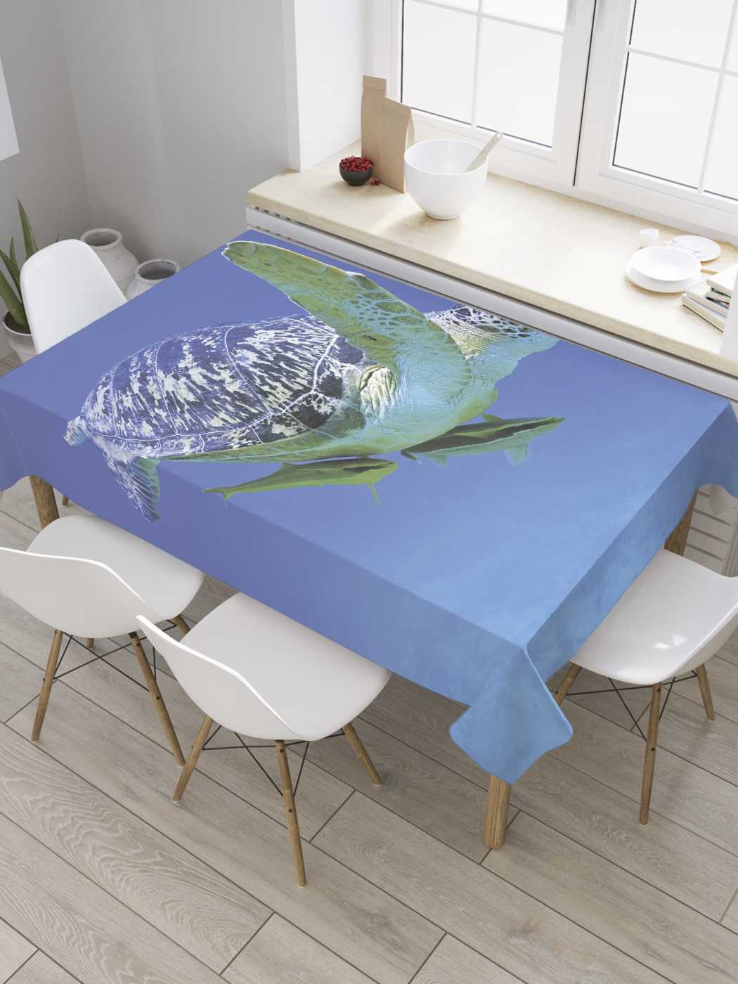 

Скатерть прямоугольная JoyArty "Черепаха с рыбками" из сатена, 120x145 см, Голубой, Черепаха с рыбками