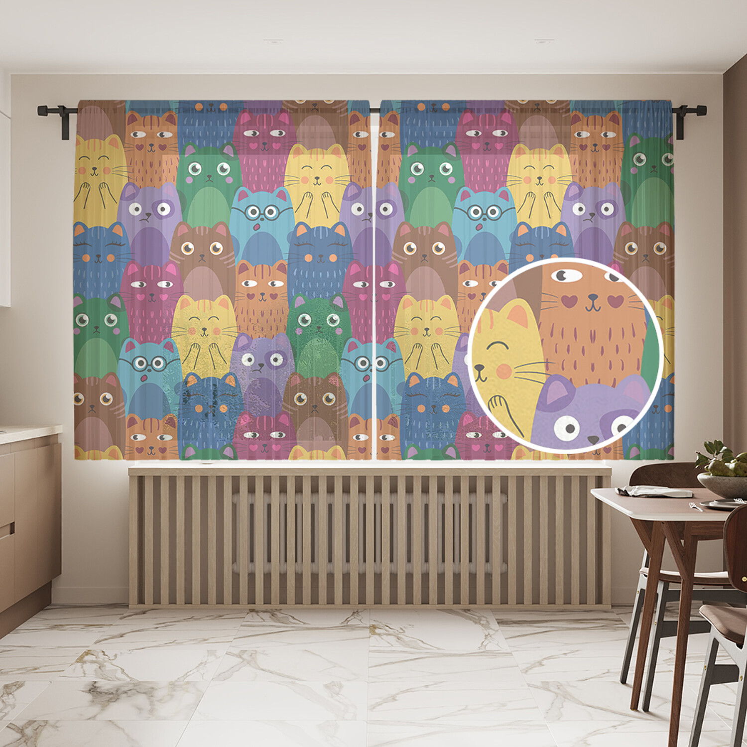 

Тюль для кухни и спальни JoyArty "Яркие цветные коты" 145x180 см, Яркие цветные коты