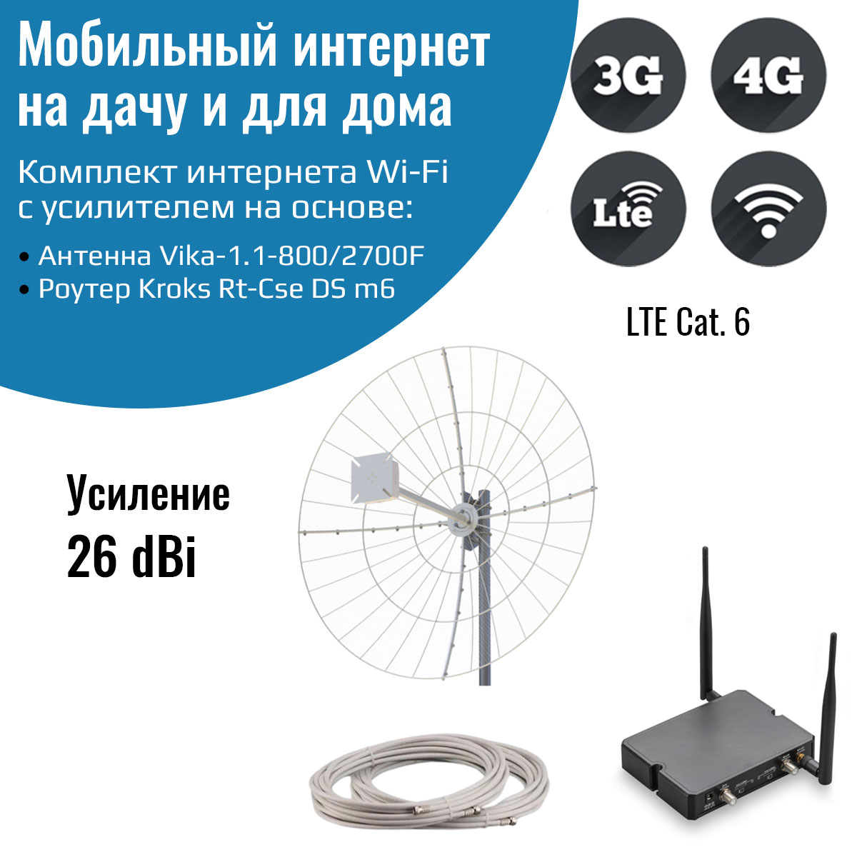 

Мобильный интернет на даче, за городом 3G/4G/WI-FI роутер Kroks m6 с антенной Vika-1.1