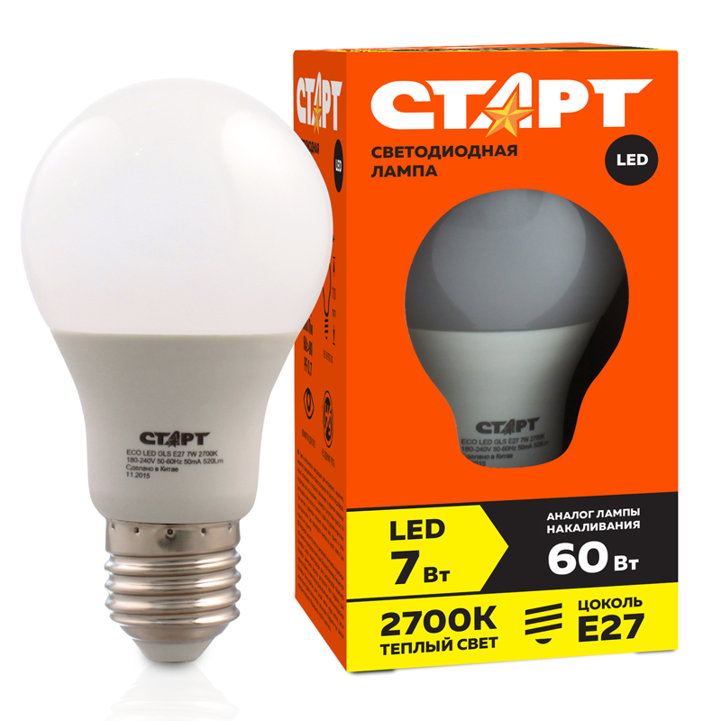 

Лампа светодиодная Старт LED, серия "ЭКО" 7W30, тип А "груша", E27, 2700К, теплый свет