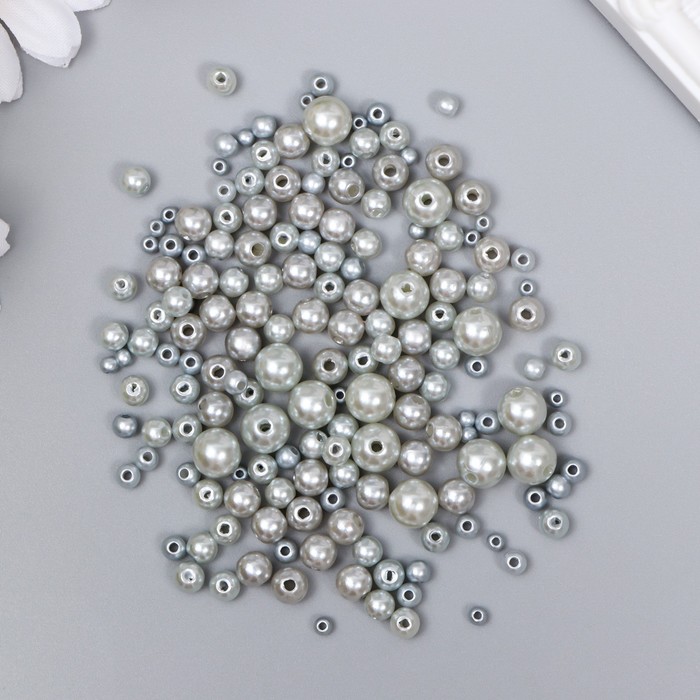 фото Бусины для творчества пластик "круглые. серебро" d=3-8 мм, набор 10 гр арт узор