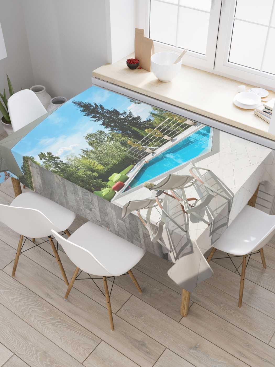 фото Скатерть прямоугольная joyarty "дворик с бассейном" из сатена, 180x145 см