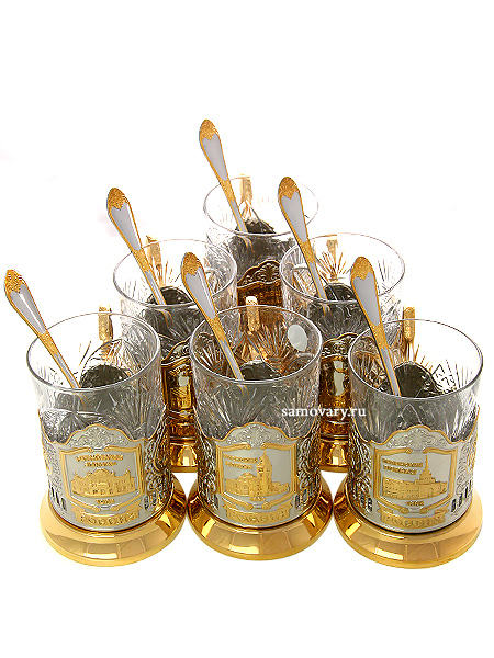 

Набор подарочный с подстаканниками "Вокзалы Москвы" с позолотой Кольчугино, Серебро;золото