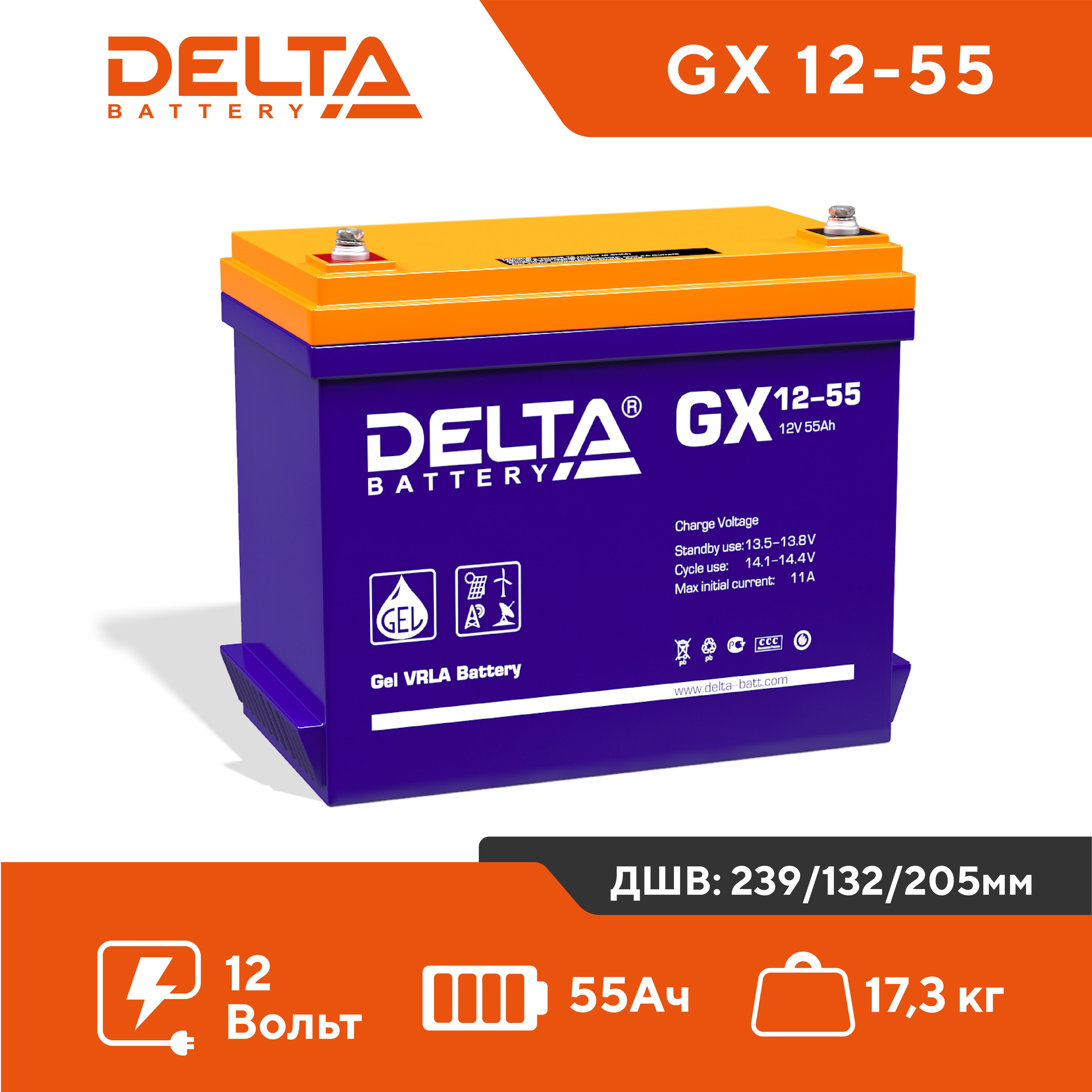 Аккумулятор для ИБП DELTA BATTERY GX 55 А/ч 12 В (GX 12-55)