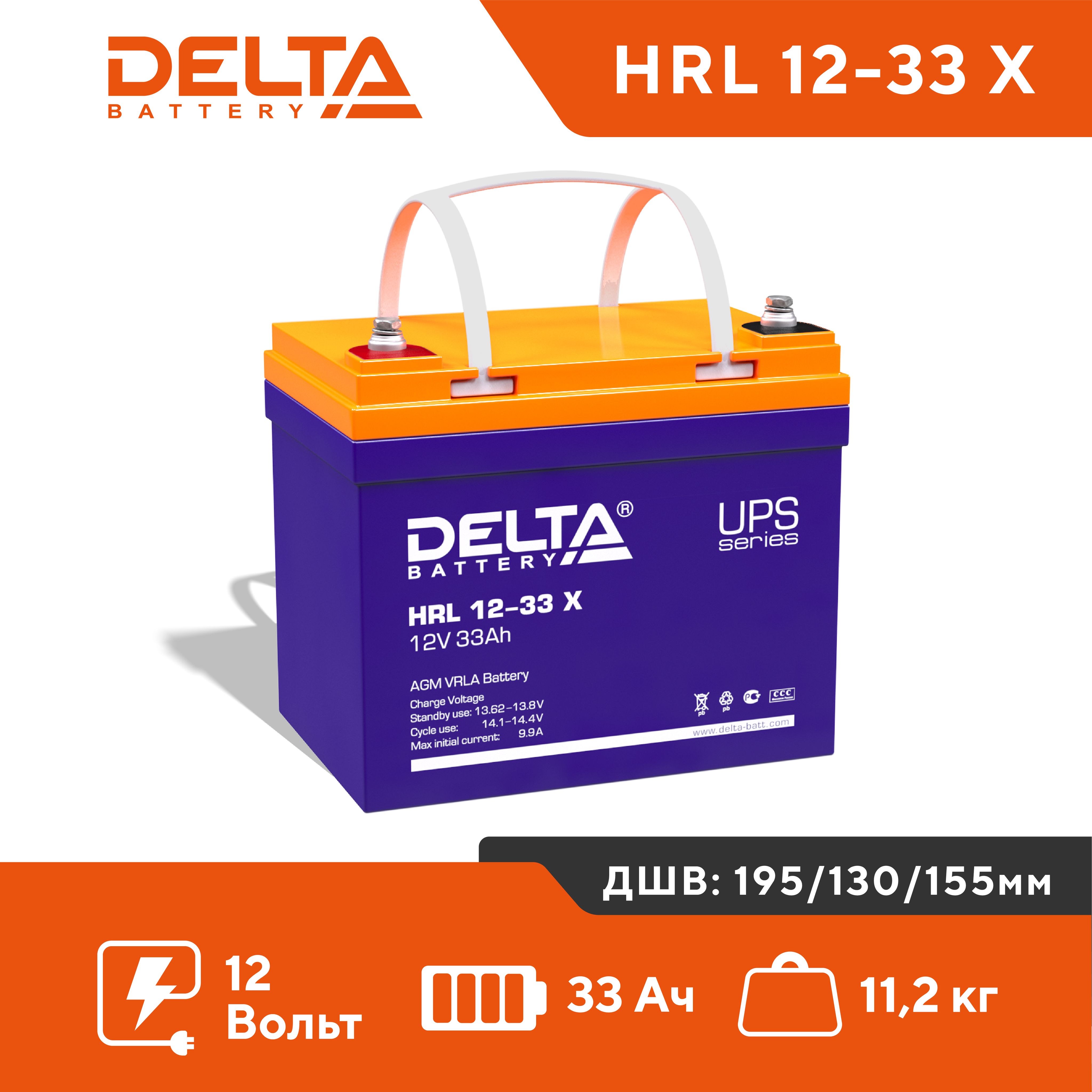 Аккумулятор для ИБП DELTA BATTERY HRL 33 Ач 12 В HRL 12-33 X 1429600₽