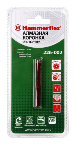 

Алмазная коронка по керамограниту/стеклу Hammer Flex 226-002 (58965), DHS 8,0*60/5