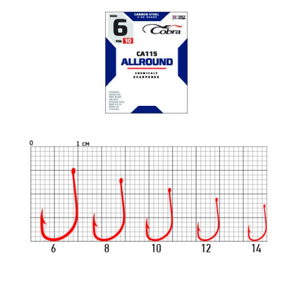 

Рыболовные крючки Cobra Allround CA115 №1/0, 50 шт., Красный, Allround CA115