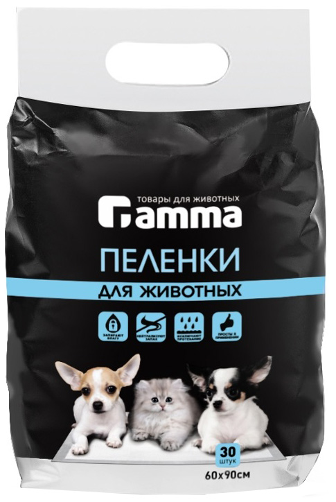 

Пеленки для кошек и собак одноразовые Gamma 90 x 60 см, 30 шт, Белый