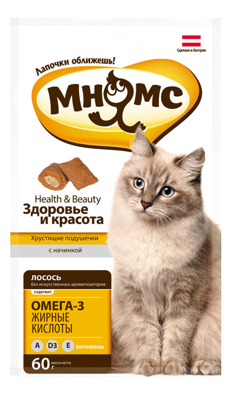 фото Лакомство для кошек мнямс health & beauty ,хрустящие подушечки, лосось, 60г