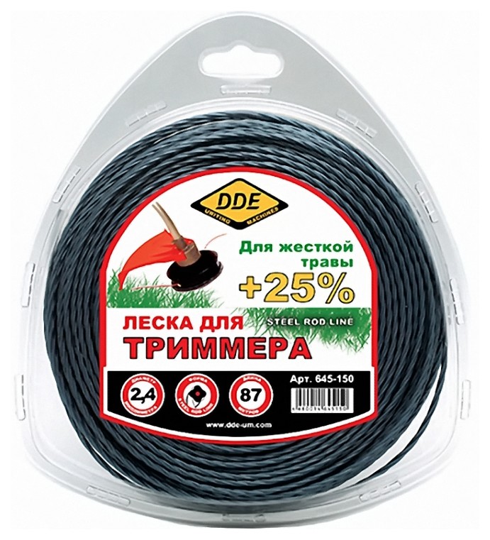 

Леска для триммера витая крест 2,4 мм DDE Steel rod line 645-150 87 м, Серый, Steel rod line