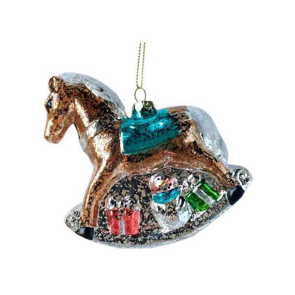 фото Елочная игрушка новогодняя сказка лошадка качалка с подарками винтажная 972877 11 см 1 шт.