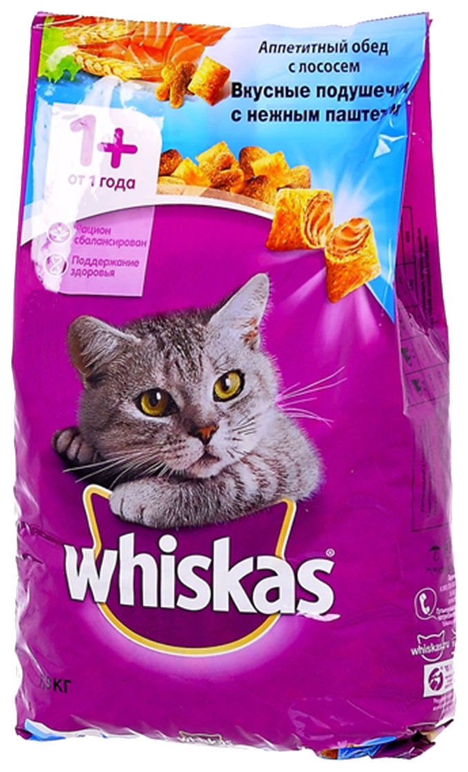 фото Сухой корм для кошек whiskas, подушечки с паштетом, лосось, 1,9 кг