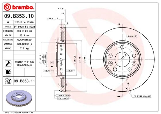 

Тормозной диск brembo 09.B353.11