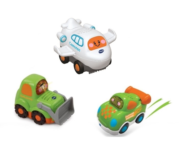 фото Игровой набор 3 машинки самолет, бульдозер, гоночная машина toot-toot drivers vtech