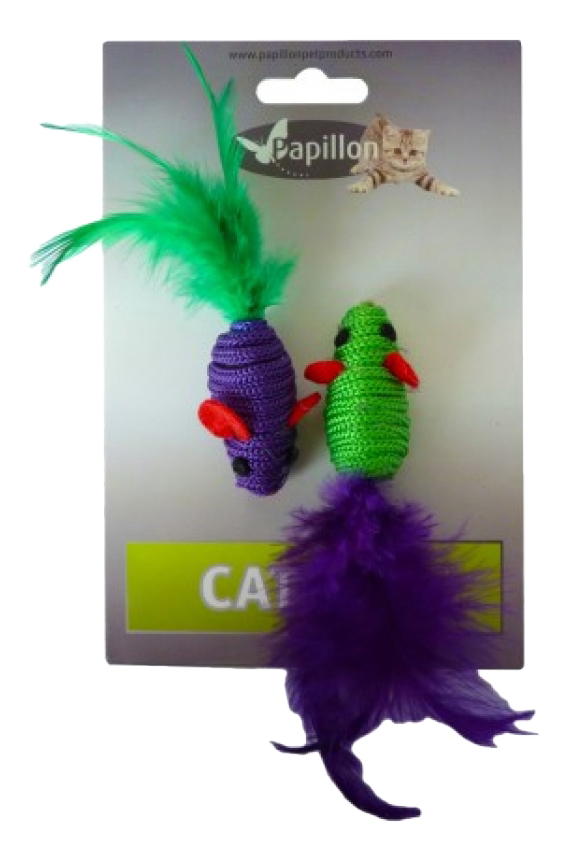 Игрушка для кошек Papillon Две мышки с перьями, зеленый, фиолетовый, 5 см, 2 шт