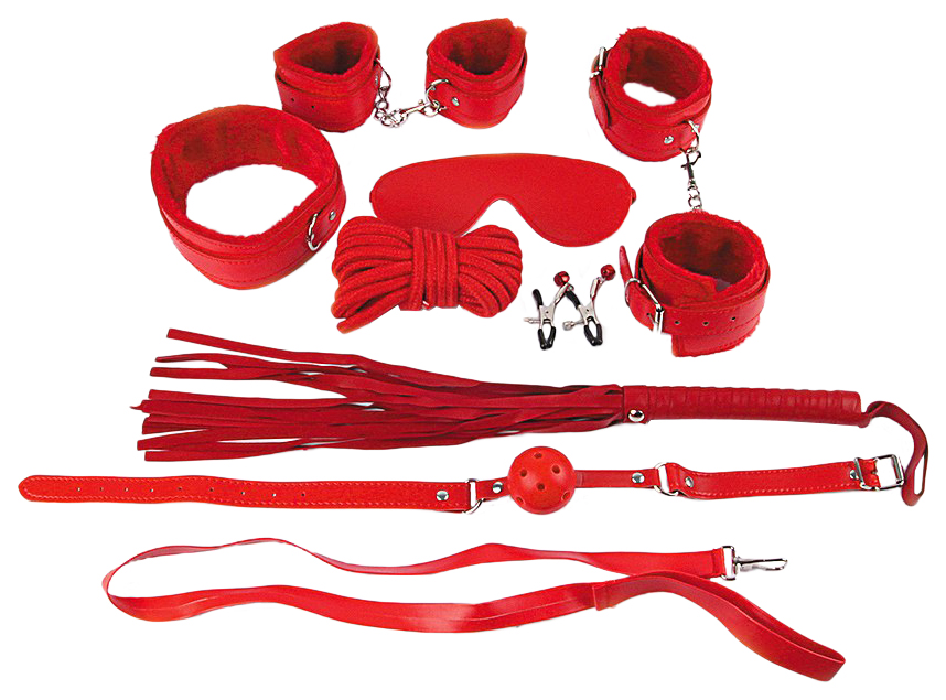 фото Бдсм комплект: наручники, оковы, маска, кляп, плеть, ошейник с поводком, верёвка, зажимы notabu