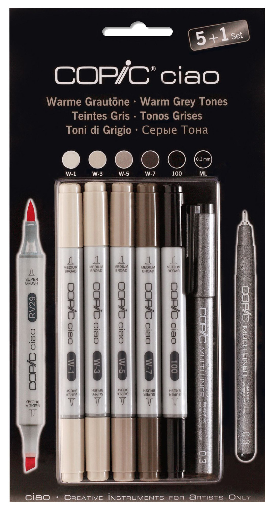 Набор двухсторонних маркеров Copic Ciao. Теплые оттенки 5 ов + мультилинер 0,3 мм