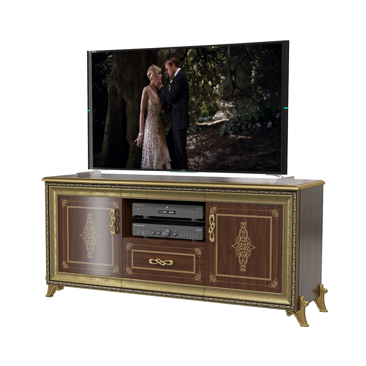 фото Тумба tv мэри-мебель версаль гв-03, цвет орех тайский, 154х48х72 см.