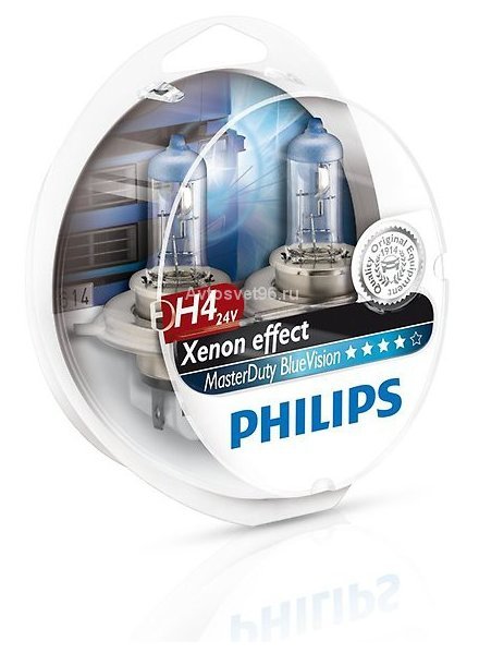 фото Комплект галогенных ламп , 2шт h4 24v 75/70w p43t-38 masterduty bluevision philips