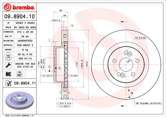 фото Тормозной диск brembo 09.8904.11