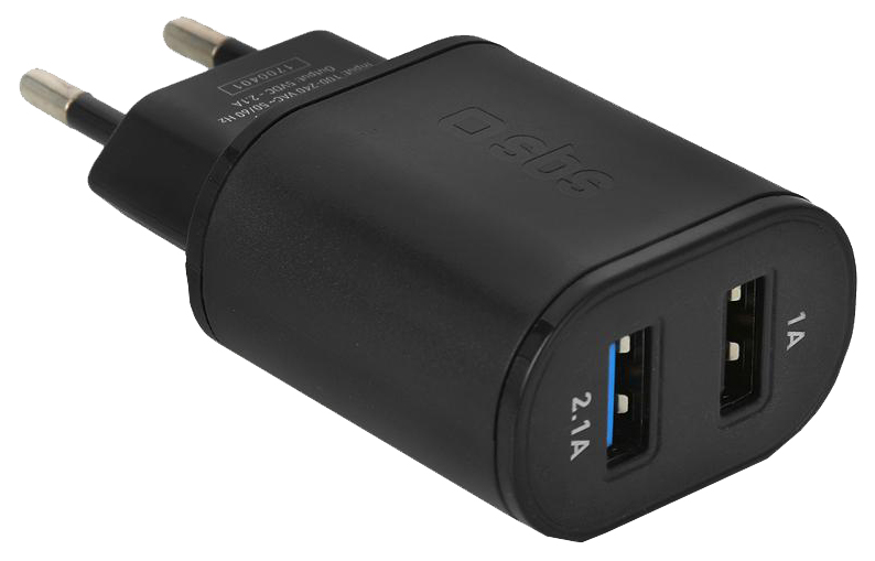 Сетевое зарядное устройство SBS 2 USB, 2,1 A, (TETR2USB21AFAST) black