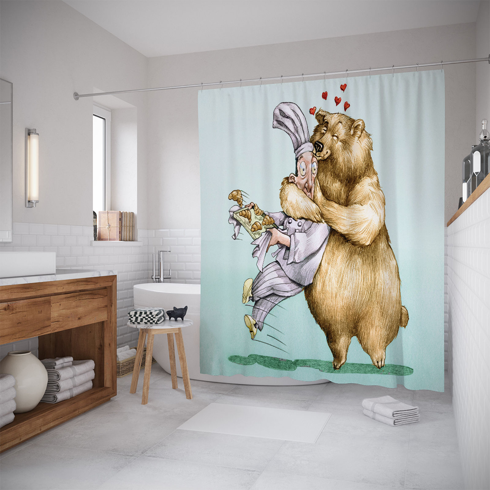 

Штора для ванной JoyArty «Медведь обнимается с поваром» 180x200, Голубой