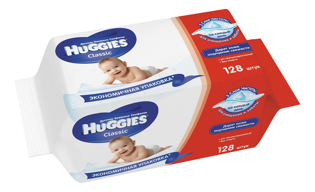 фото Салфетки влажные для детей huggies с алоэ и витамином е 128 шт.