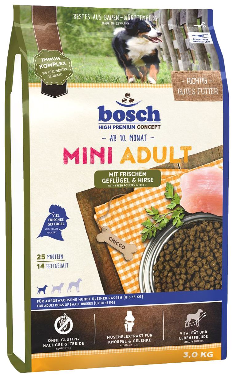 фото Сухой корм для собак bosch mini adult, для мелких пород, домашняя птица и просо, 3кг