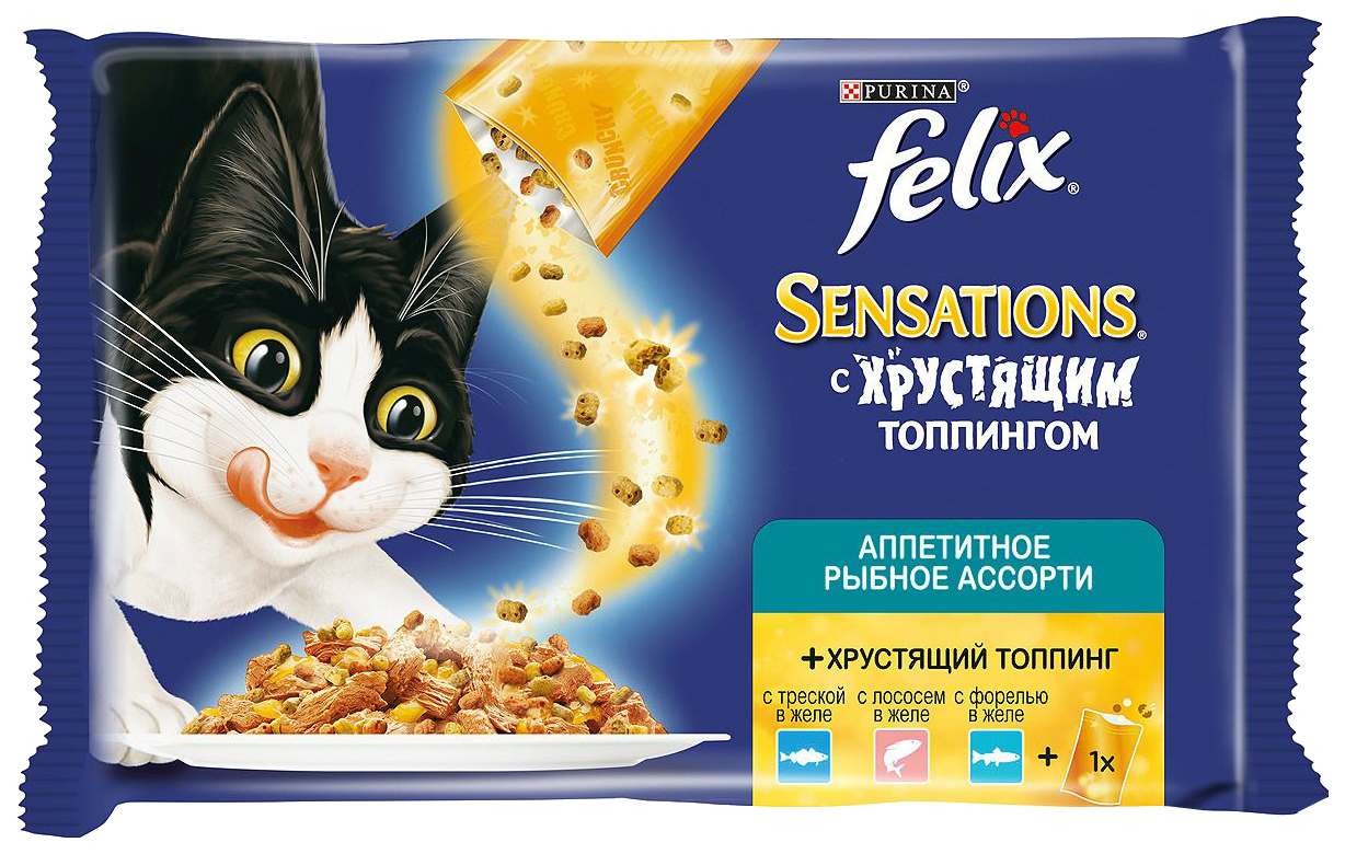 

Влажный корм для кошек Felix Sensation, лосось, форель, треска, 3шт по 85г, Sensation 3шт по 85г + 12г топпинг
