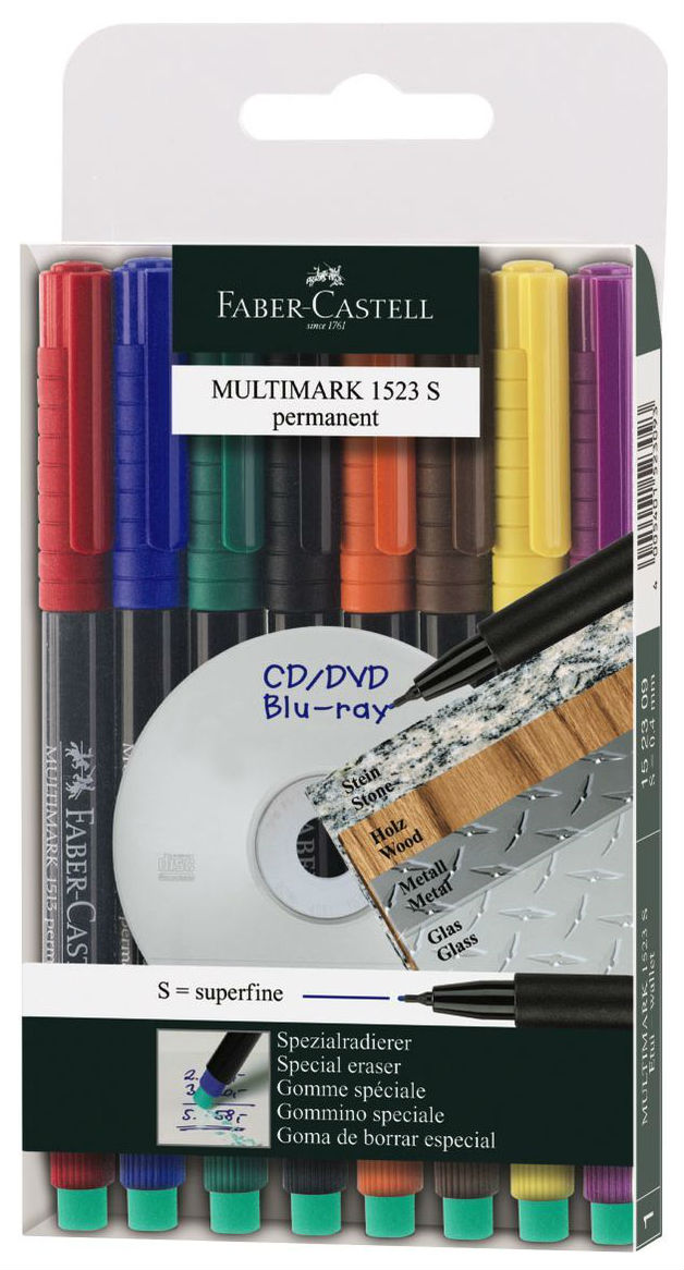 фото Ручки капиллярные для письма на cd "multimark 1523 s", перманентные, 8 штук faber-castell