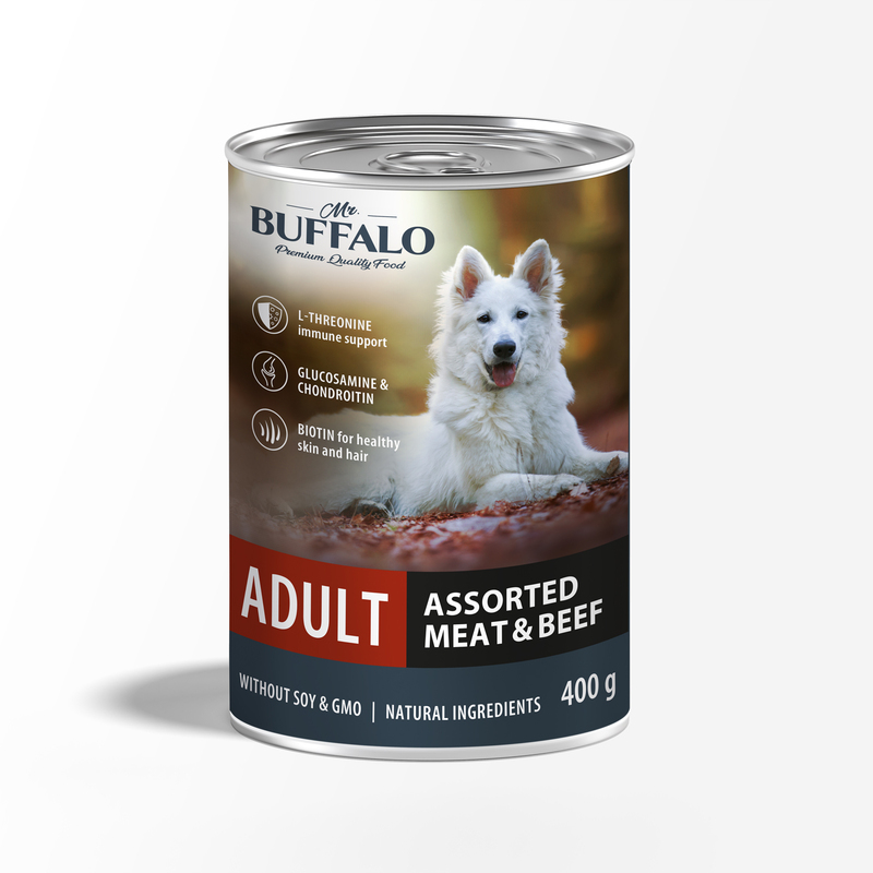 Консервы для собак Mr.Buffalo, мясное ассорти с говядиной, 9 шт по 400 г