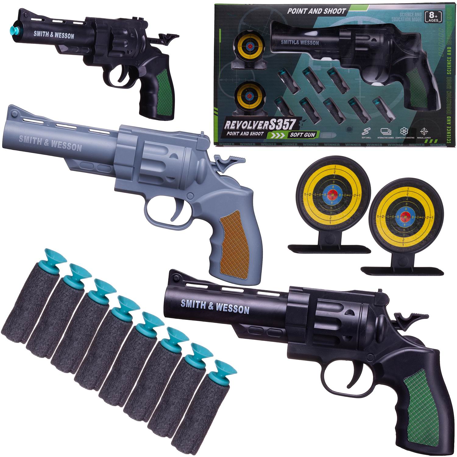 Пистолет игрушечный Junfa с барабаном, в наборе с 8 мягкими пулями и 2 мишенями 2 вида пистолет штурмовой в наборе с пульками и мишенями на блистере 15x3x25 5 см