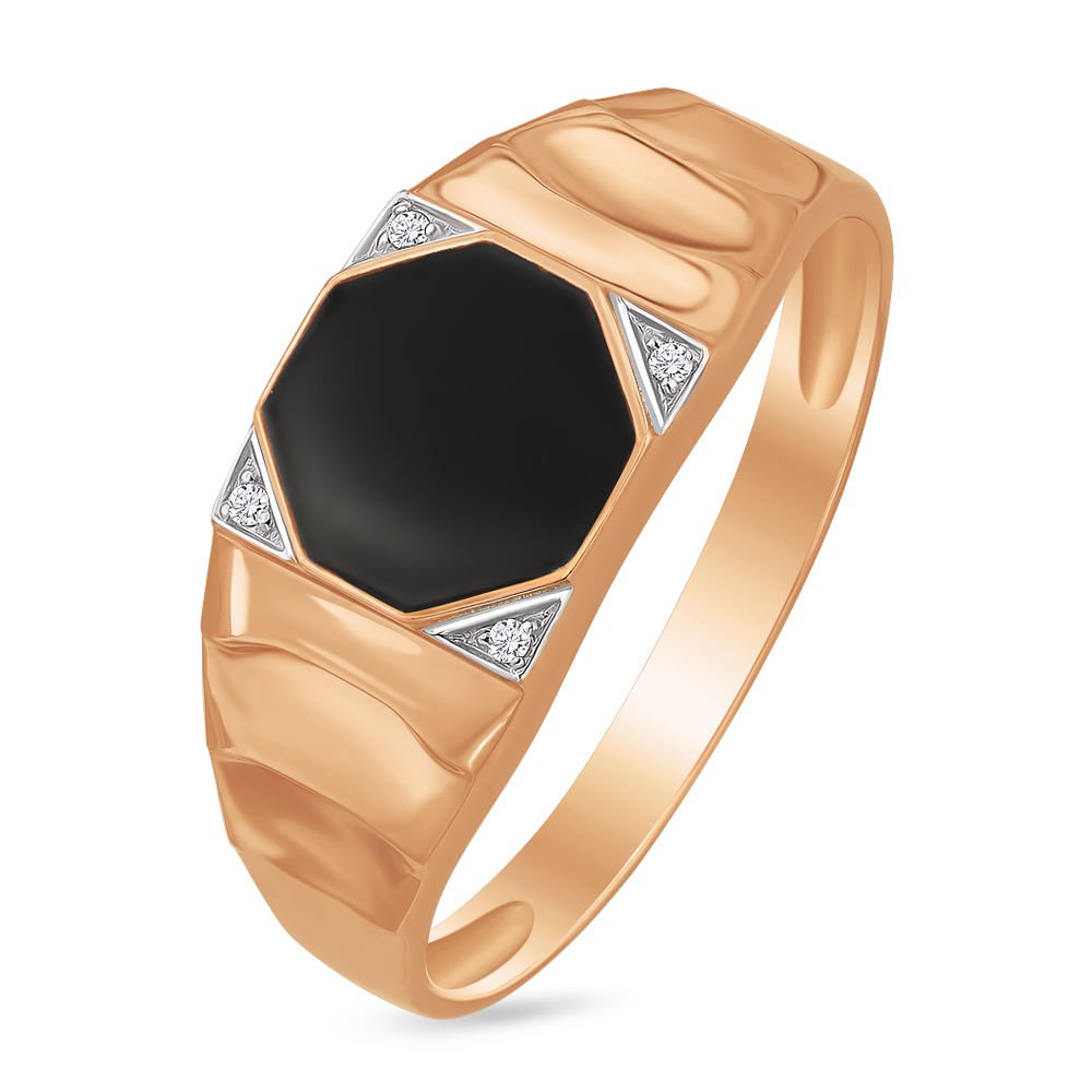 Кольцо печатка из красного золота с фианитом/эмалью р. 19,5 585Gold 601001876