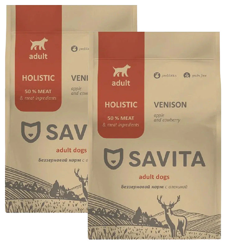 Сухой корм для собак Savita Adult Dogs Venison беззерновой с олениной, 2 шт по 4 кг
