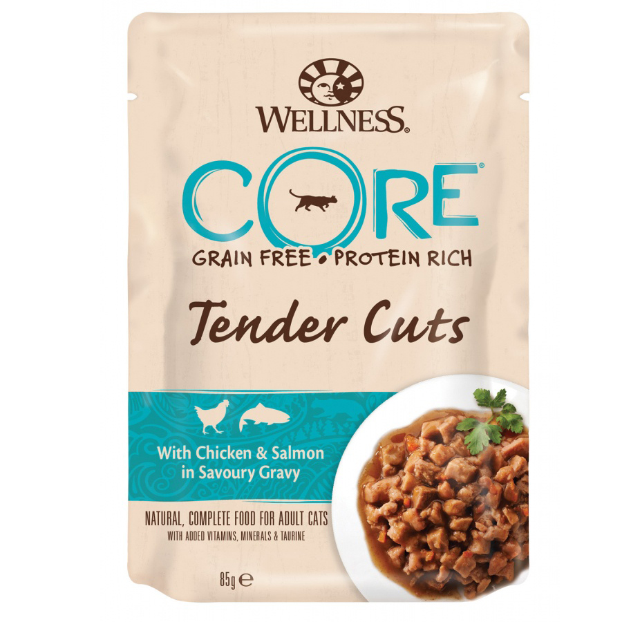 Влажный корм для кошек Wellness CORE Tender Cuts кусочки курицы и лосося, 24шт по 85г
